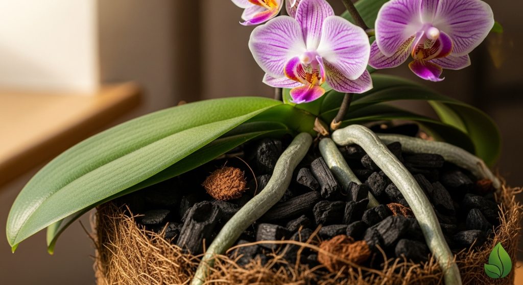 Media tanam anggrek yang bagus – campuran sekam bakar, arang, dan cocopeat dalam pot anggrek sehat berbunga.