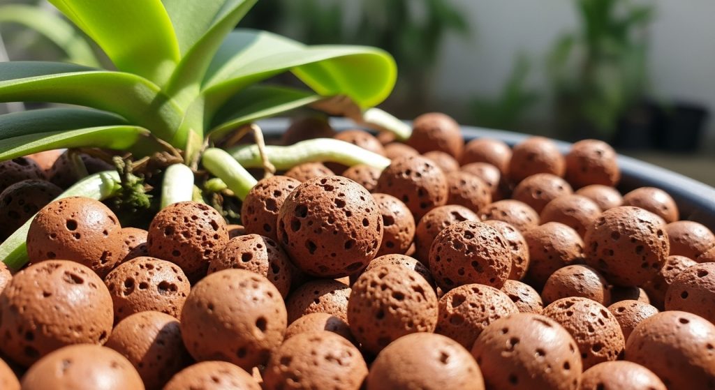 Butiran hidroton di pot tanaman hidroponik – media tanam hidroton ringan dan berpori dari Alam Hijau Tani.